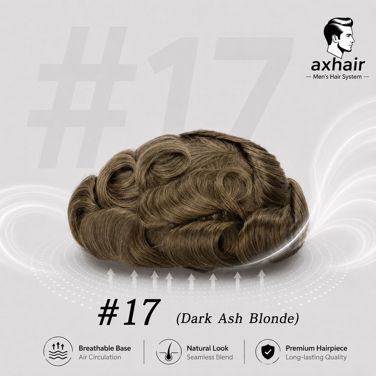 Men's full toupee with dark ash blonde wavy hair, thin skin base, single knots